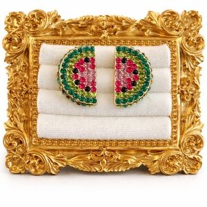 Watermelon Rhinestone Stud Earrings – Colorful Statement Half Moon – New